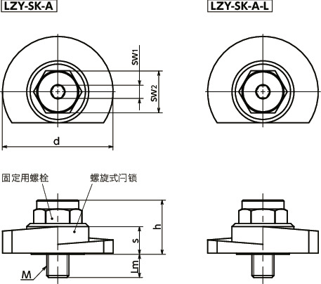 LZY-SK-A闩锁手柄 - 扳钳操作型 - 上方紧固寸法図