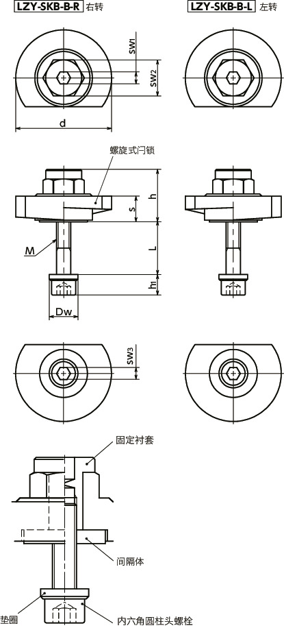 LZY-SKB-B闩锁手柄 - 扳钳操作型 - 下方紧固 - 背面安装寸法図