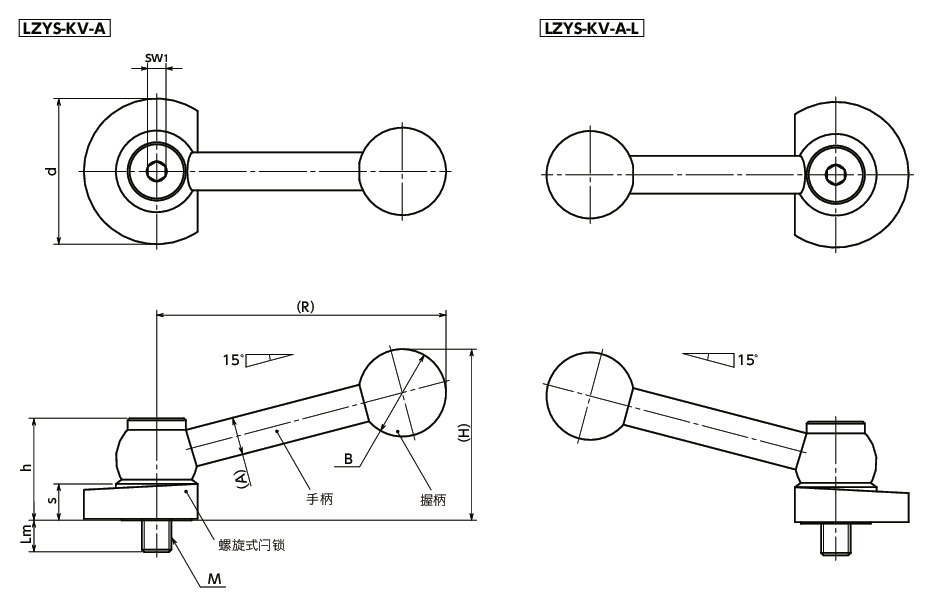 LZYS-KV-A闩锁手柄 - 带角度手柄型 - 上方紧固 - 不锈钢制寸法図
