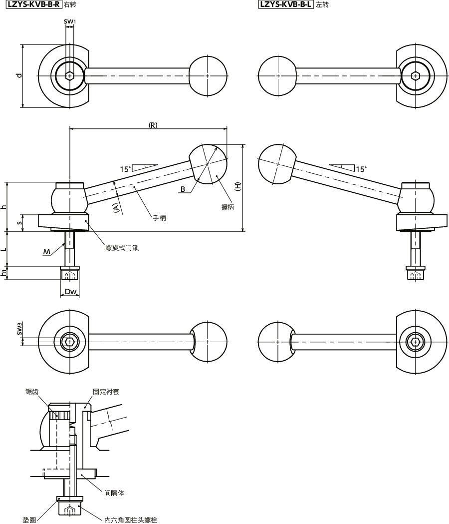 LZYS-KVB-B闩锁手柄 - 带角度手柄型 - 下方紧固 - 背面安装 - 不锈钢制寸法図