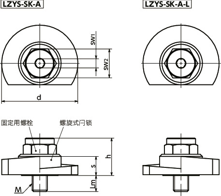 LZYS-SK-A闩锁手柄 - 扳钳操作型 - 上方紧固 - 不锈钢制寸法図