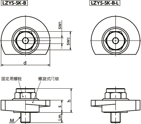 LZYS-SK-B闩锁手柄 - 扳钳操作型 - 下方紧固 - 不锈钢制寸法図