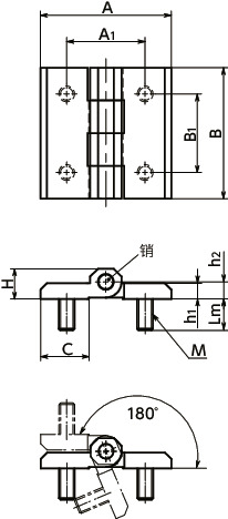 HNG-C-CR金属铰链 - 锌压铸件制 - 镀铬 - 外螺纹型寸法図