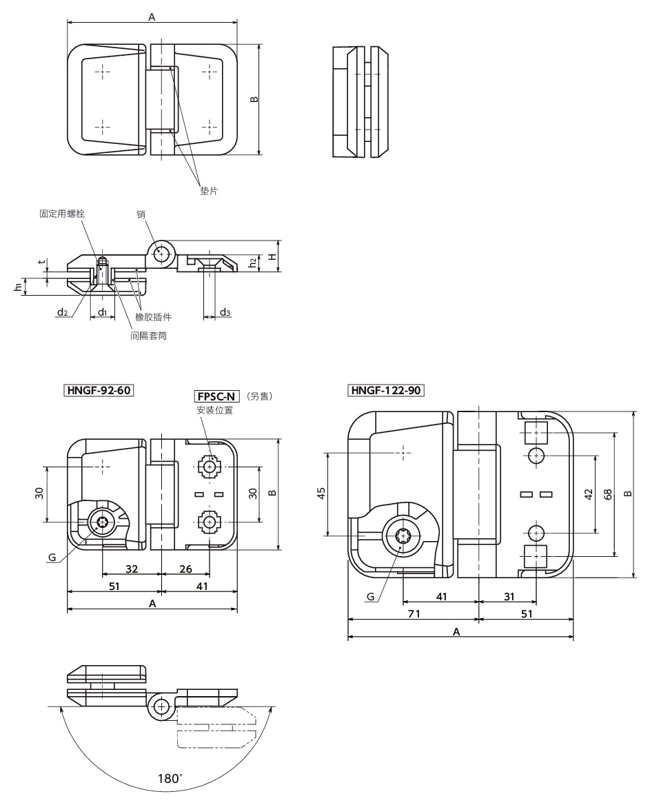 HNGF金属铰链 - 面板用寸法図