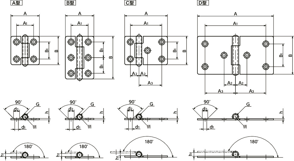 HNSHS-A金属板铰链（平铰链） - 不锈钢制 - 埋头孔型寸法図
