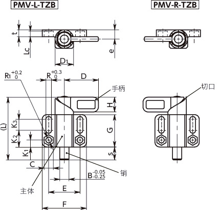PMV-TZB带法兰分度柱塞 - 带锁定机构 - 手柄型寸法図