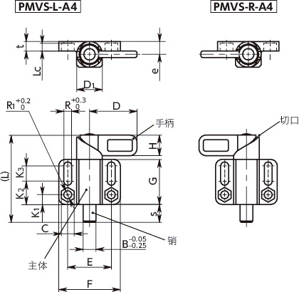 PMVS-A4带法兰分度柱塞 - 手柄型 - 保持位置型寸法図