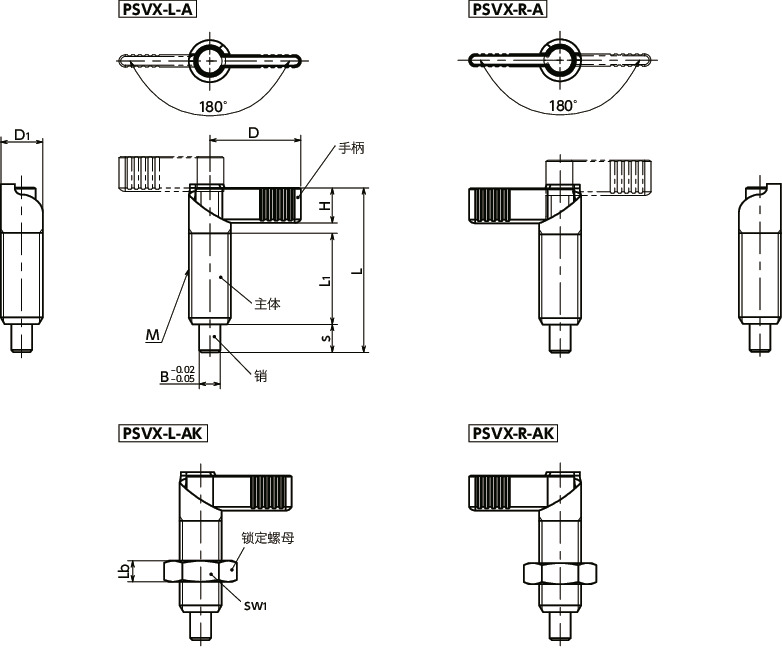 PSVX-A分度柱塞 - 手柄型 - 180°旋转限制寸法図