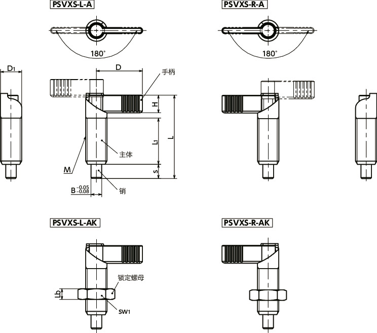 PSVXS-A分度柱塞（不锈钢制） - 手柄型 - 180°旋转限制寸法図