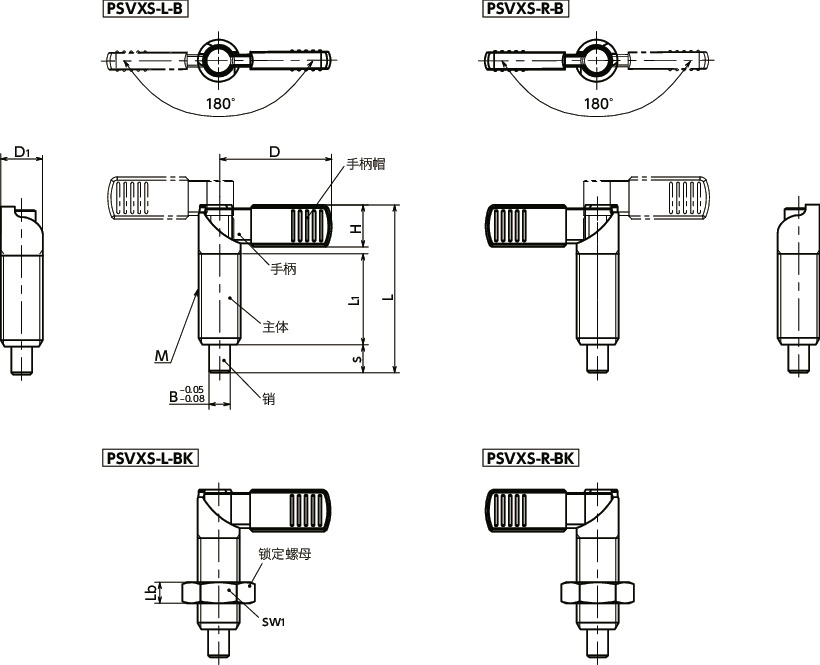 PSVXS-B分度柱塞（不锈钢制） - 手柄型 - 180°旋转限制 - 带手柄帽寸法図