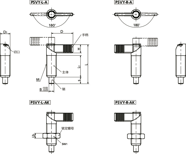 PSVY-A分度柱塞 - 手柄型 - 180°旋转限制 - 带锁定机构寸法図
