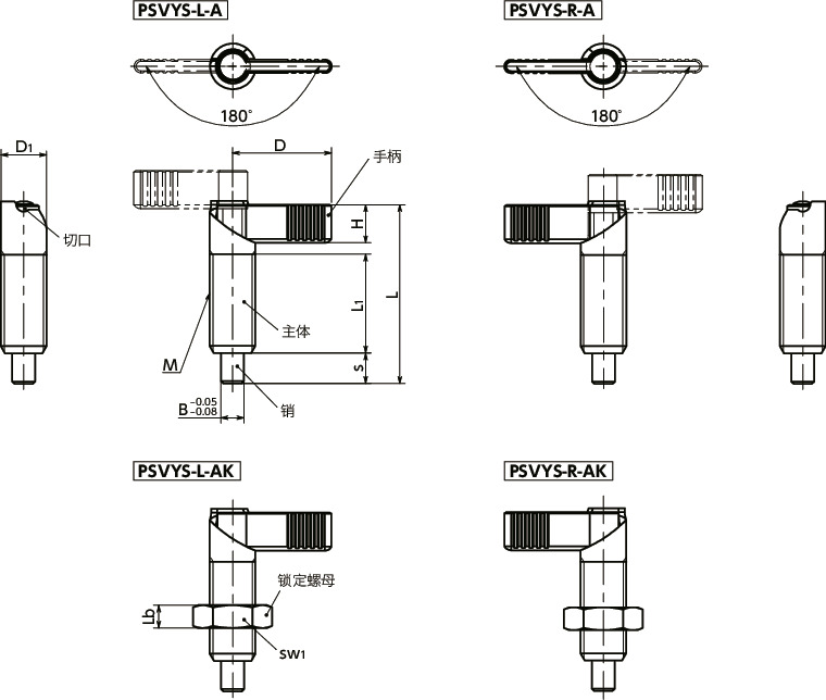 PSVYS-A分度柱塞（不锈钢制） - 手柄型 - 180°旋转限制 - 带锁定机构寸法図