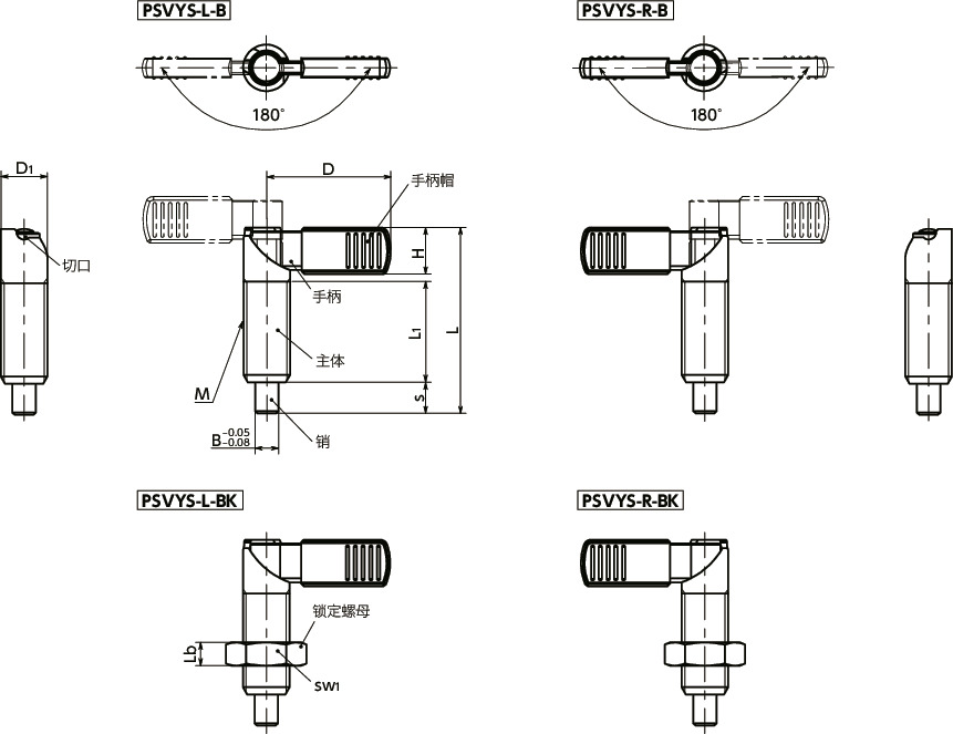 PSVYS-B分度柱塞（不锈钢制） - 手柄型 - 180°旋转限制 - 带锁定机构 - 带手柄帽寸法図