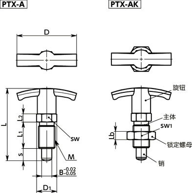 PTX分度柱塞 - T形旋钮型寸法図