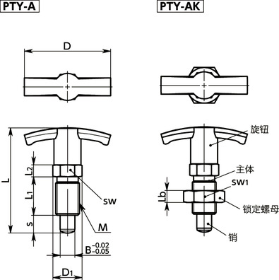 PTY分度柱塞 - T形旋钮型 - 保持位置型寸法図
