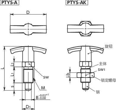 PTYS分度柱塞 - 带锁定机构 - T形旋钮型寸法図