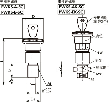 PWKS分度柱塞 - 带钥匙锁寸法図