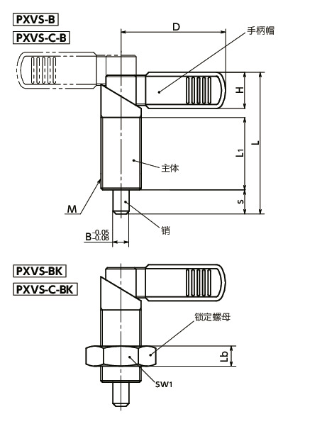 PXVS-B分度柱塞（不锈钢制）- 手柄型 - 带手柄帽寸法図