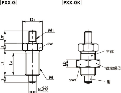 PXX-G分度柱塞 - 无旋钮型寸法図