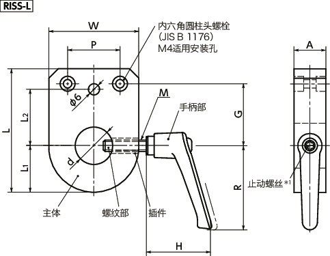 RISS-L指示器底座 - 定位螺丝固定型（带手柄） - 不锈钢制寸法図