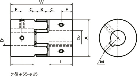 MJC-K-ERD挠性联轴器 - 梅花型 - 定位螺丝固定型＋键槽型寸法図