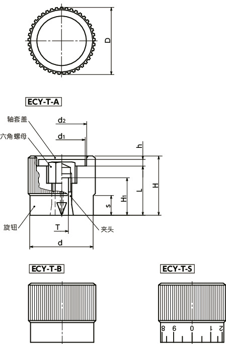 ECY-T铝合金控制旋钮 - 夹头型寸法図