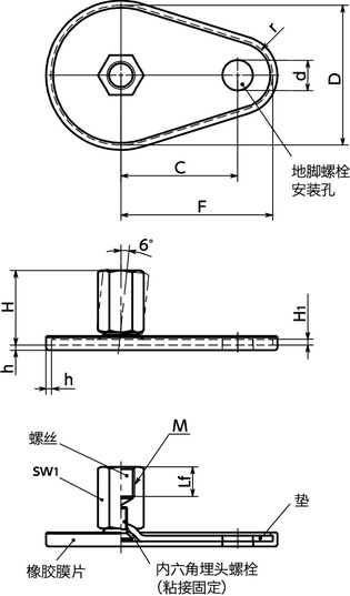 FEAFS-D1-X调平调节器（内螺纹） - 地脚螺栓固定型 - 带橡胶膜片寸法図