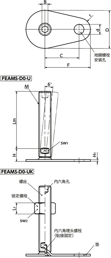 FEAMS-D0-U调平调节器（外螺纹） - 地脚螺栓固定型 - 带内六角孔寸法図