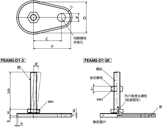 FEAMS-D1-S调平调节器（外螺纹） - 地脚螺栓固定型 - 六角调整 - 带橡胶膜片寸法図