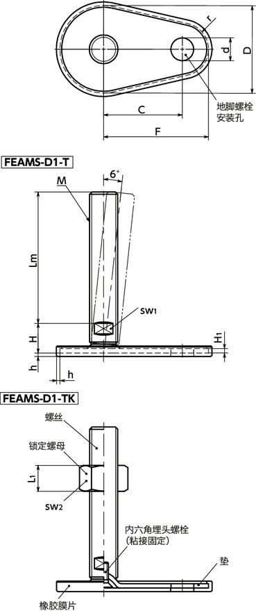 FEAMS-D1-T调平调节器（外螺纹） - 地脚螺栓固定型 - 对边宽度调整 - 带橡胶膜片寸法図