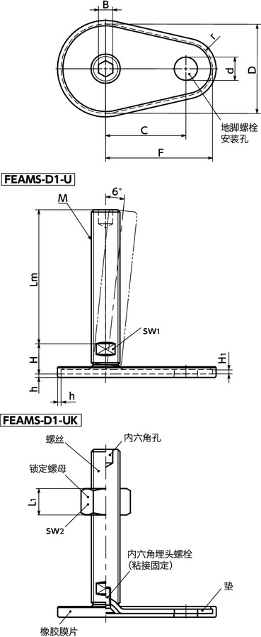 FEAMS-D1-U调平调节器（外螺纹） - 地脚螺栓固定型 - 带内六角孔 - 带橡胶膜片寸法図