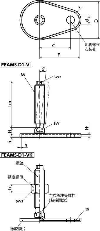 FEAMS-D1-V调平调节器（外螺纹） - 地脚螺栓固定型 - 带六角头 - 带橡胶膜片寸法図