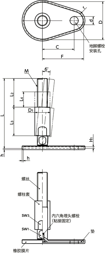 FEAMS-D1-W调平调节器（外螺纹） - 地脚螺栓固定型 - 带螺柱套 - 带橡胶膜片寸法図