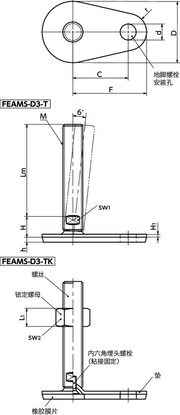 FEAMS-D3-T调平调节器（外螺纹） - 地脚螺栓固定型 - 对边宽度调整 - 带橡胶膜片（粘接）寸法図