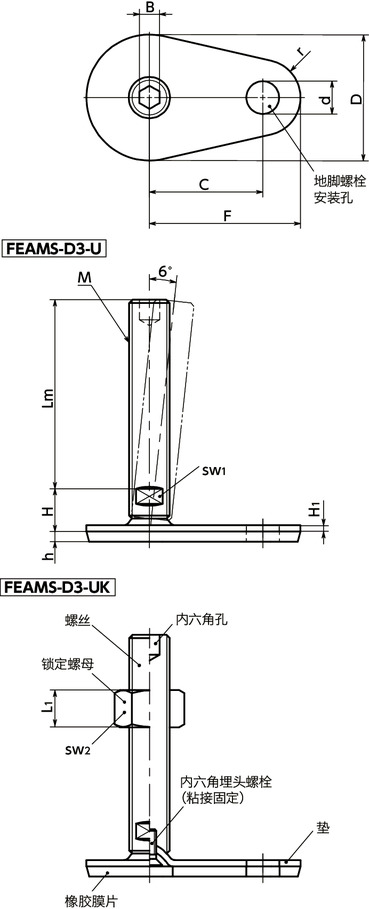 FEAMS-D3-U调平调节器（外螺纹） - 地脚螺栓固定型 - 带内六角孔 - 带橡胶膜片（粘接）寸法図
