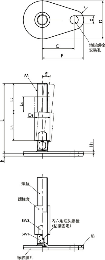 FEAMS-D3-W调平调节器（外螺纹） - 地脚螺栓固定型 - 带螺柱套 - 带橡胶膜片（粘接）寸法図