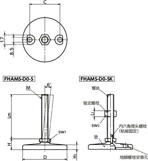 FHAMS-D0-S调平调节器（外螺纹） - 地脚螺栓固定型 - 六角调整寸法図