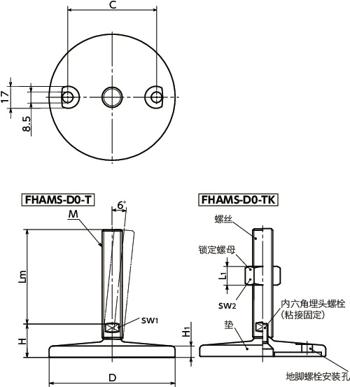 FHAMS-D0-T调平调节器（外螺纹） - 地脚螺栓固定型 - 对边宽度调整寸法図