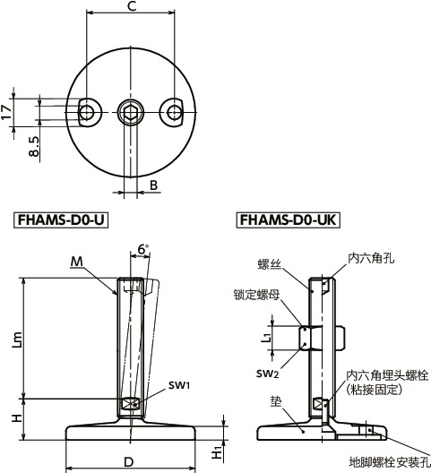 FHAMS-D0-U调平调节器（外螺纹） - 地脚螺栓固定型 - 带内六角孔寸法図