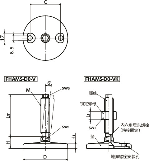 FHAMS-D0-V调平调节器（外螺纹） - 地脚螺栓固定型 - 带六角头寸法図