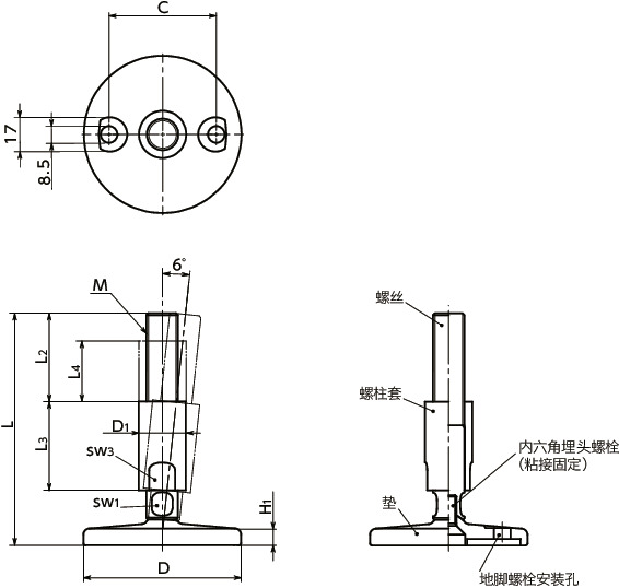 FHAMS-D0-W调平调节器（外螺纹） - 地脚螺栓固定型 - 带螺柱套寸法図