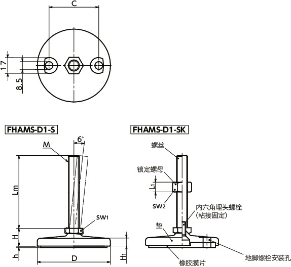 FHAMS-D1-S调平调节器（外螺纹） - 地脚螺栓固定型 - 六角调整 - 带橡胶膜片寸法図