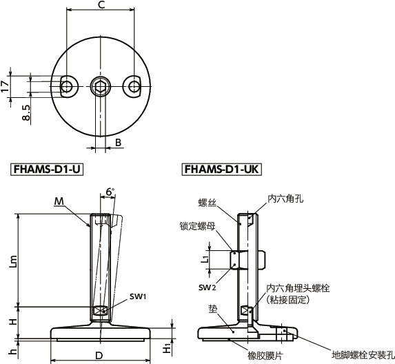 FHAMS-D1-U调平调节器（外螺纹） - 地脚螺栓固定型 - 带内六角孔 - 带橡胶膜片寸法図