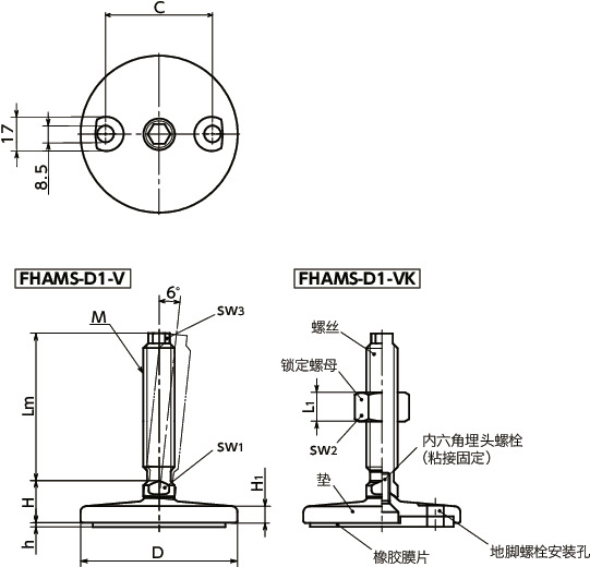 FHAMS-D1-V调平调节器（外螺纹） - 地脚螺栓固定型 - 带六角头 - 带橡胶膜片寸法図