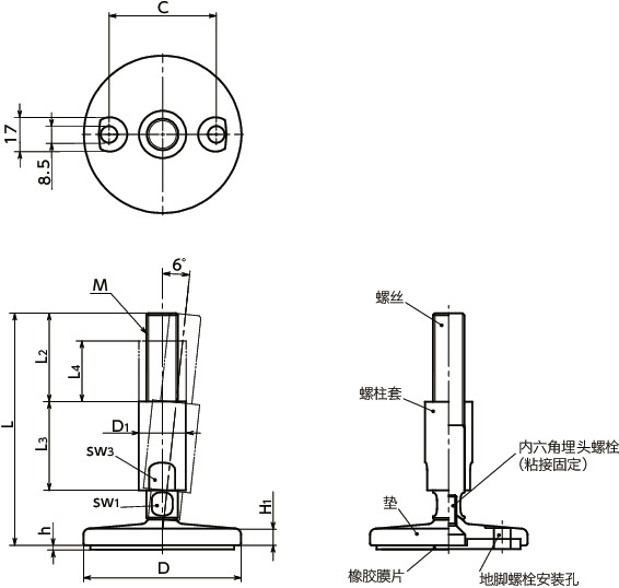 FHAMS-D1-W调平调节器（外螺纹） - 地脚螺栓固定型 - 带螺柱套 - 带橡胶膜片寸法図