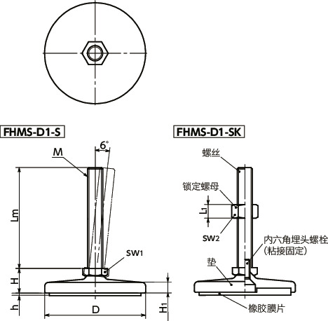 FHMS-D1-S调平调节器（外螺纹） - 六角调整 - 带橡胶膜片寸法図