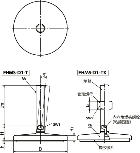 FHMS-D1-T调平调节器（外螺纹） - 对边宽度调整 - 带橡胶膜片寸法図