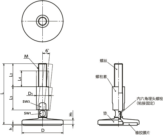 FHMS-D1-W调平调节器（外螺纹） - 带螺柱套 - 带橡胶膜片寸法図