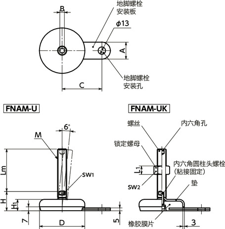 FNAM-U调平调节器（外螺纹） - 地脚螺栓固定型 - 带内六角孔寸法図