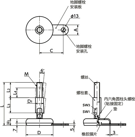 FNAMS-W调平调节器（外螺纹） - 地脚螺栓固定型 - 带螺柱套寸法図